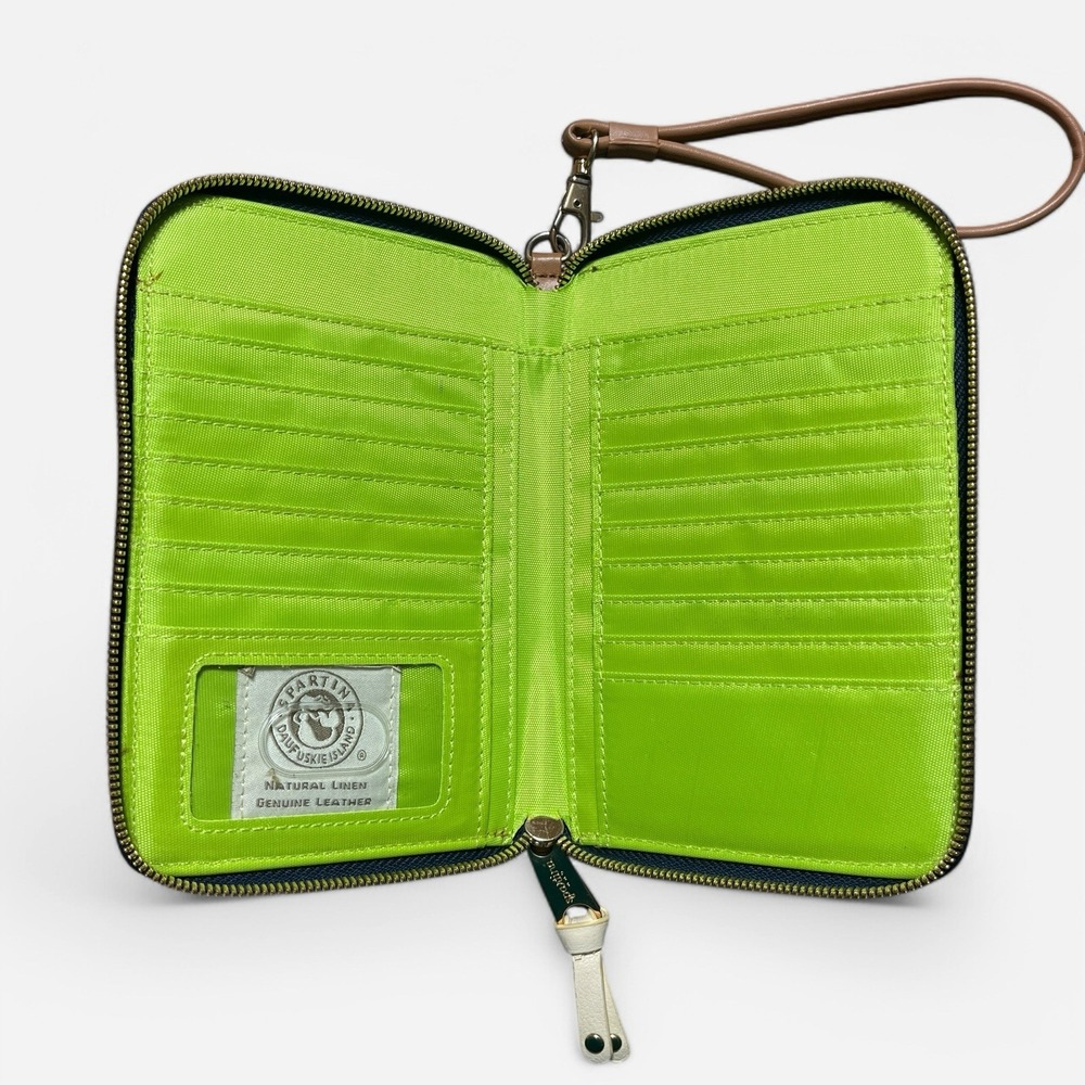 Spartina 449 Wristlet Wallet Brown‎ Leather Colorful Paisley Linen Phone Pocket - Picture 6 of 11